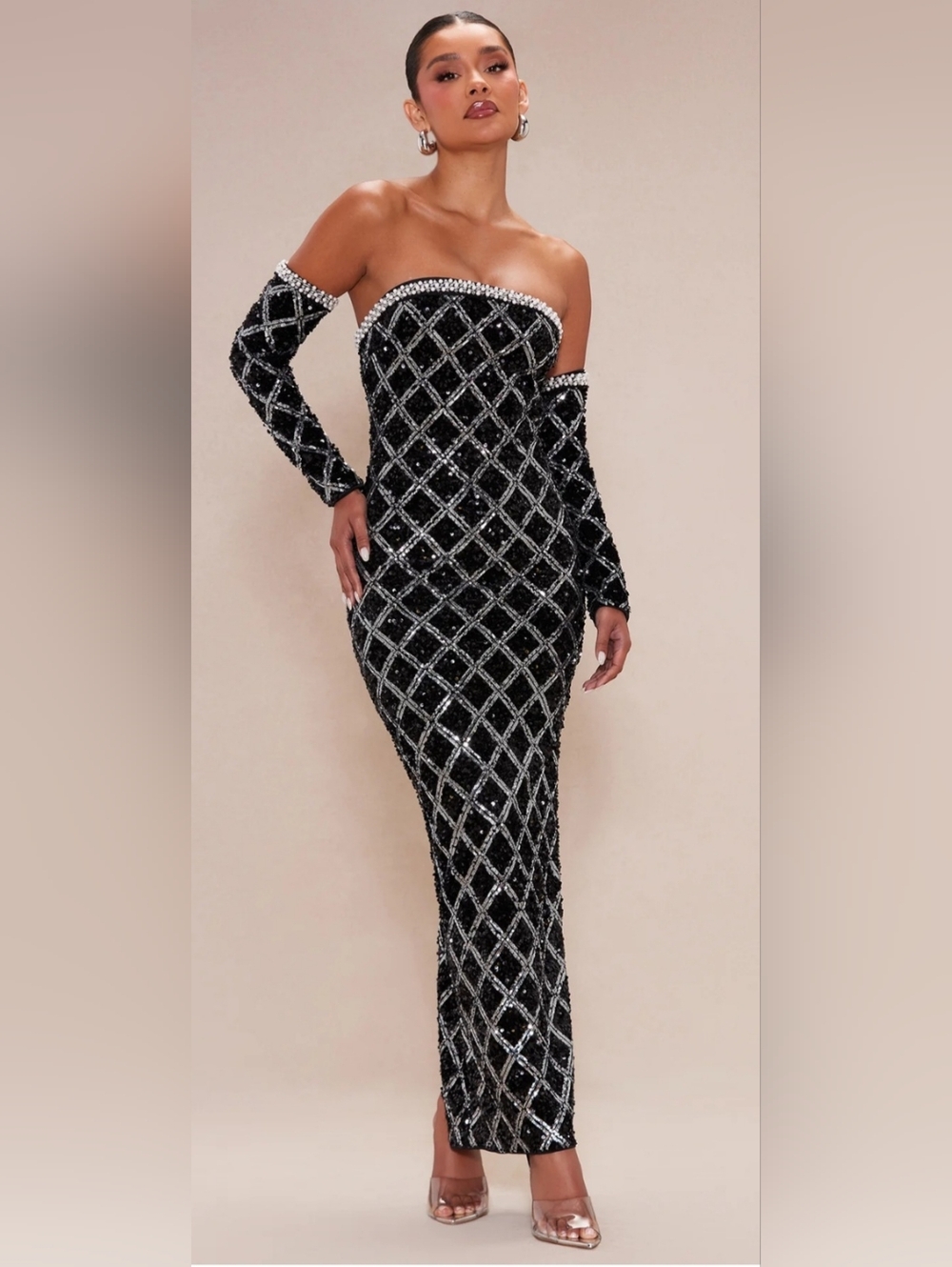 Fashion Nova Black Strapless Sequin Gown with Silver Lattice